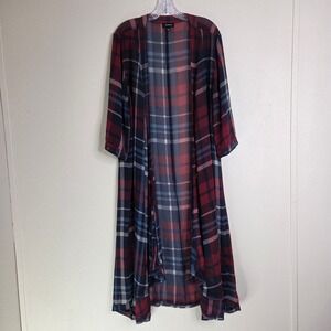 Torrid Kimono 1X‎ 2X Blud Red Plaid Longline Sheer Duster Cardigan Fall Western